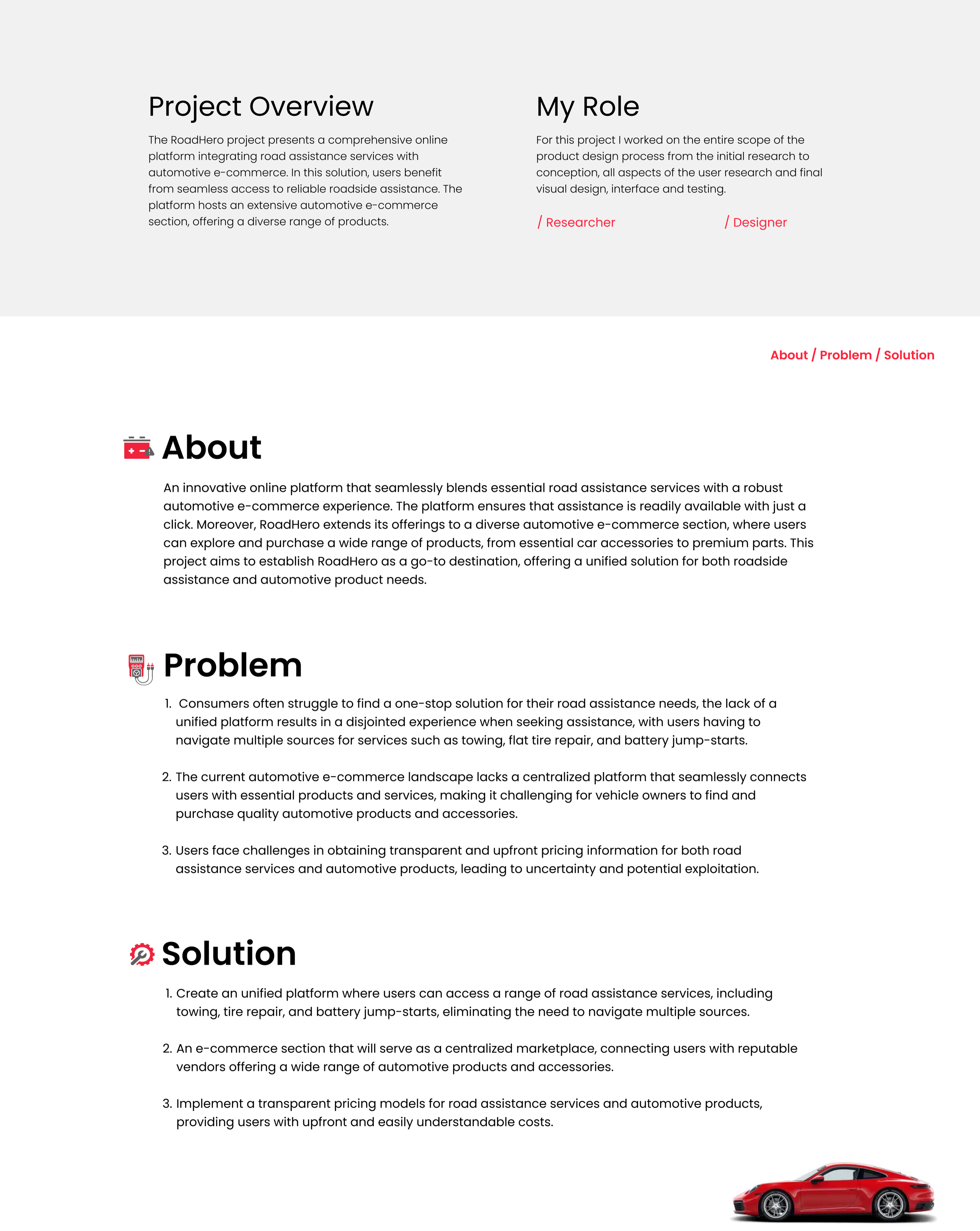 Project overview, role, problem and solution
