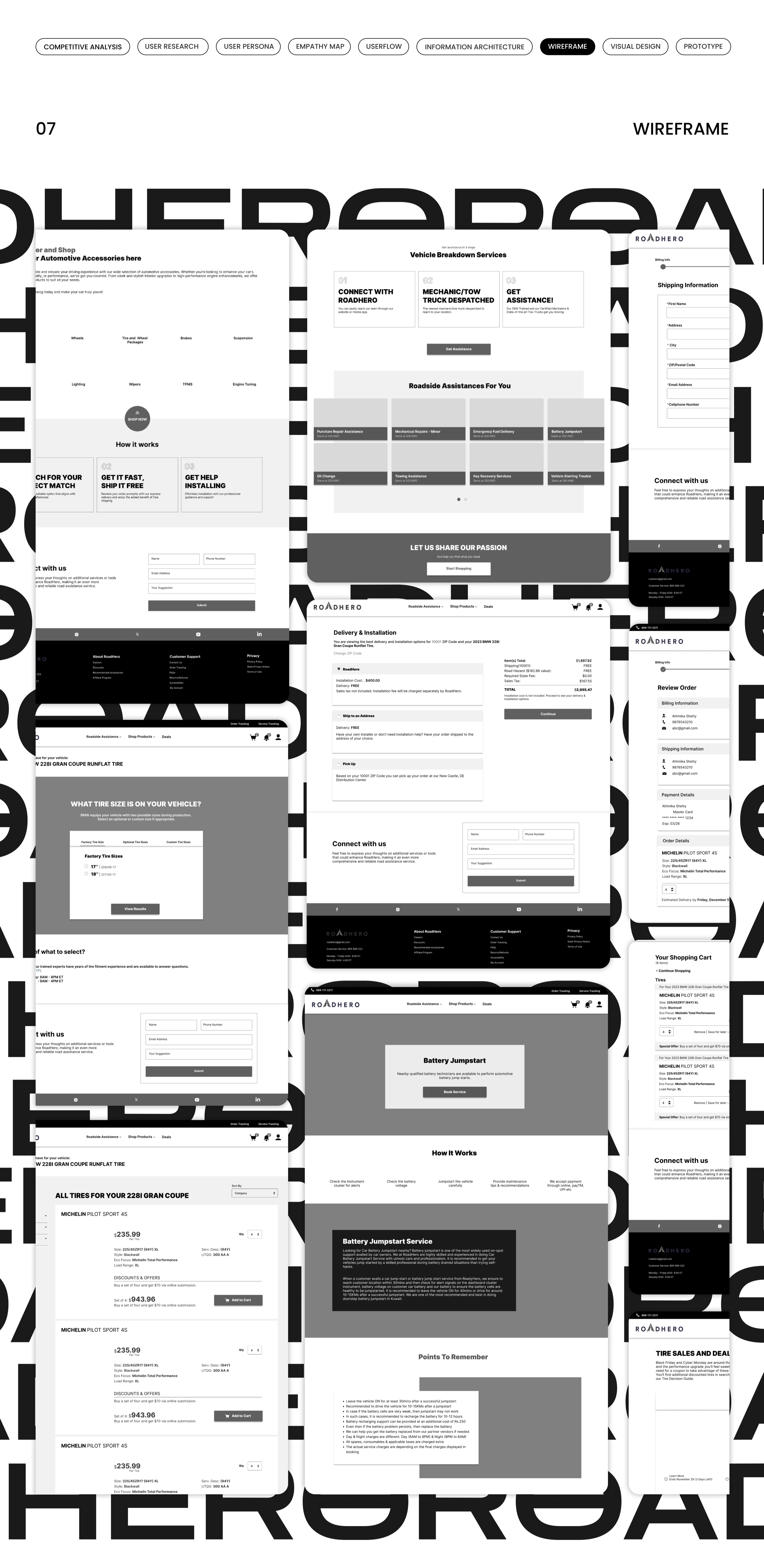 Wireframes — low-fidelity layouts across key RoadHero screens