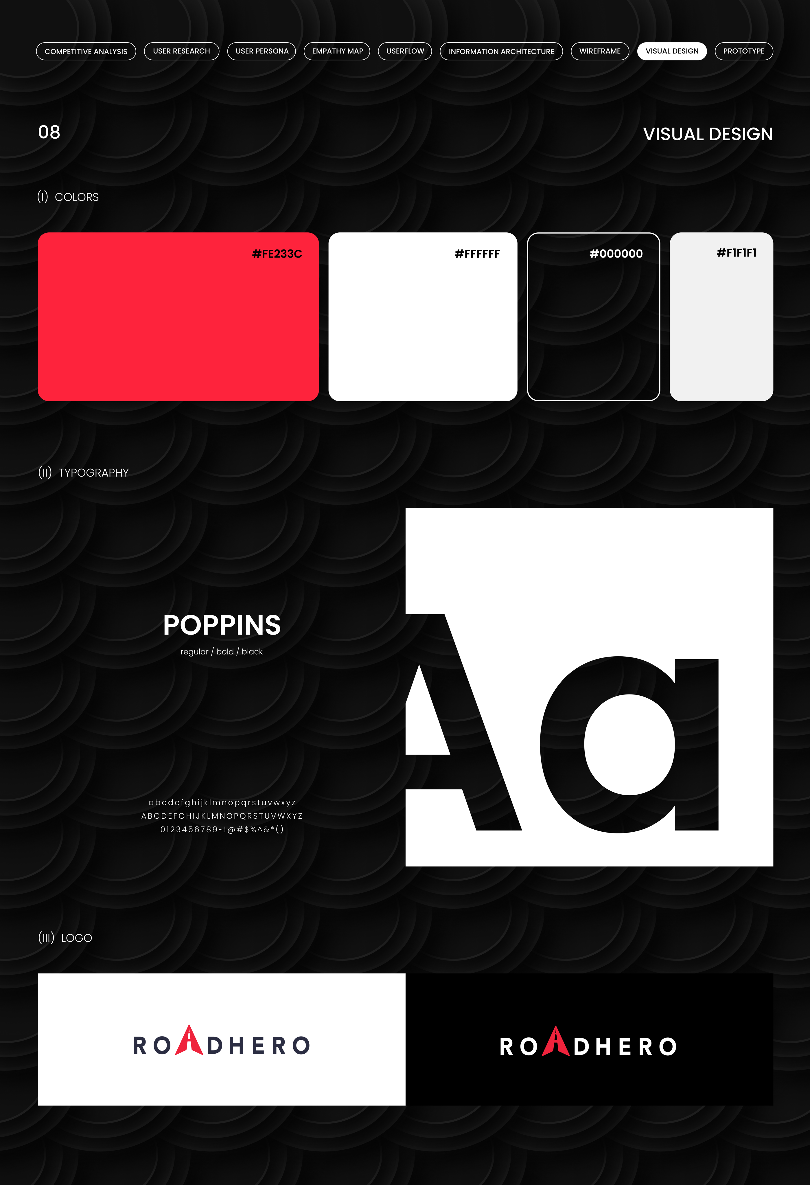 Visual design — colour palette, Poppins typography and the RoadHero logo