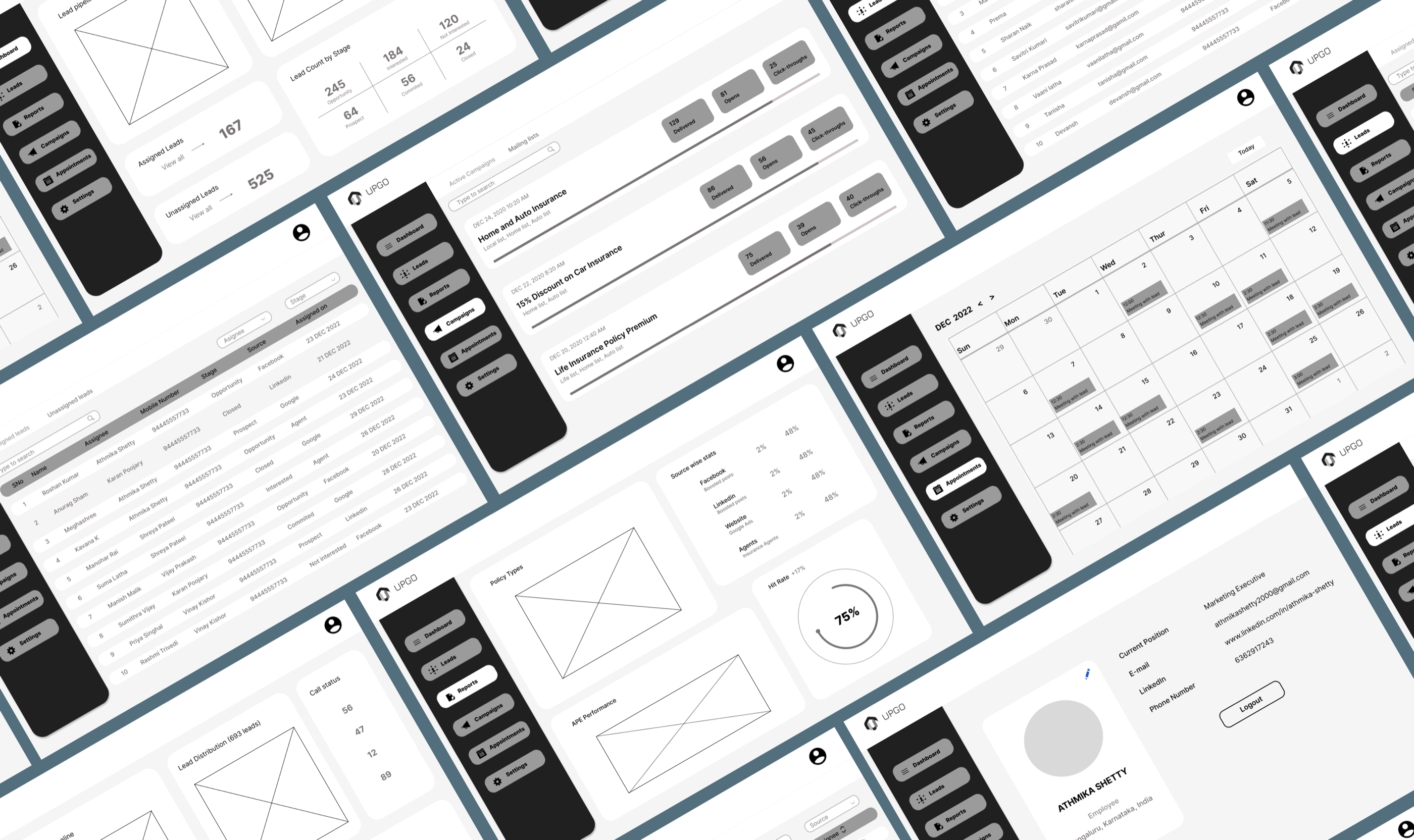 Wireframes — low-fidelity layouts across UPGO screens