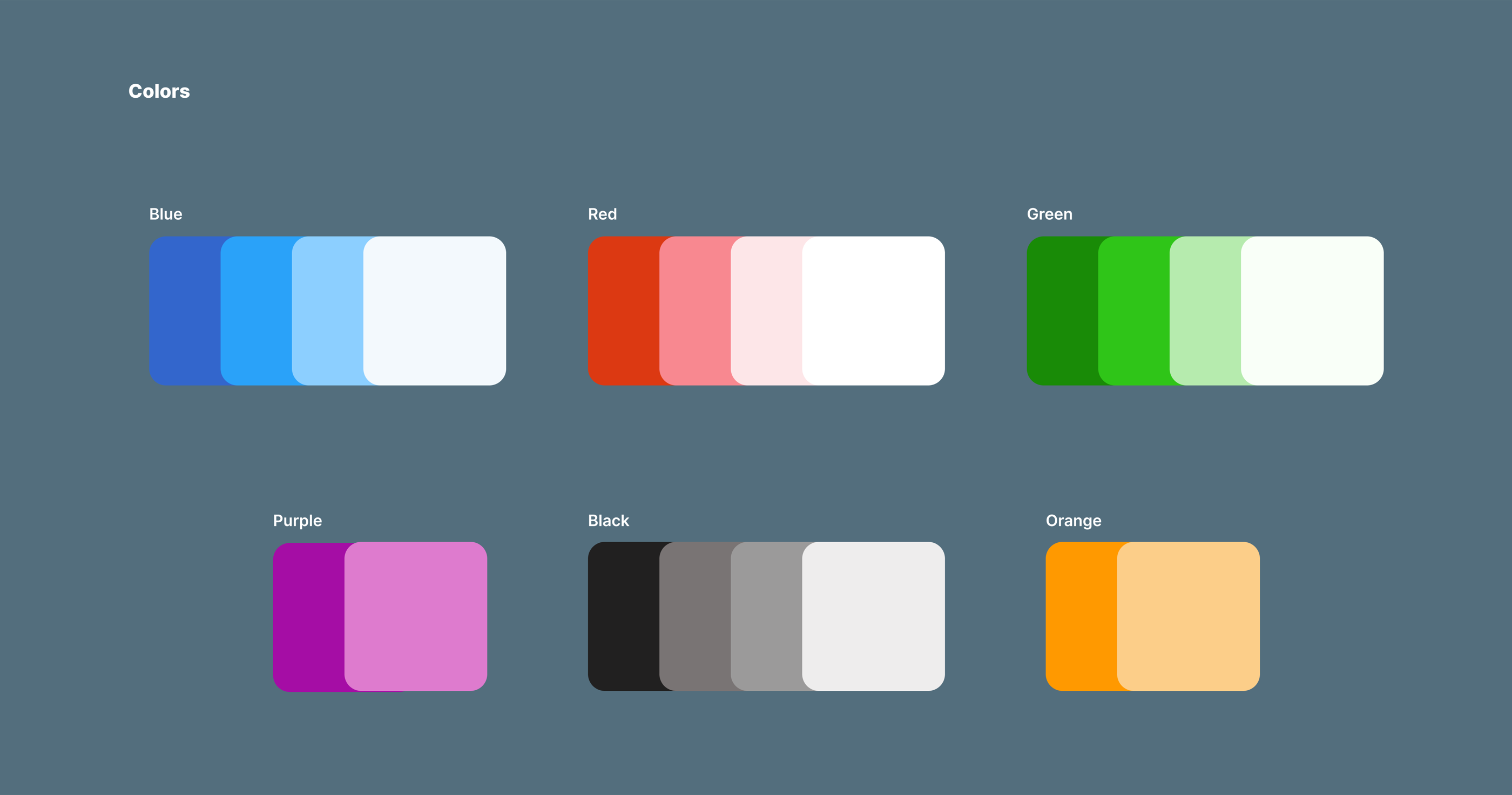 Colour palette — blue, red, green, purple, black and orange ramps