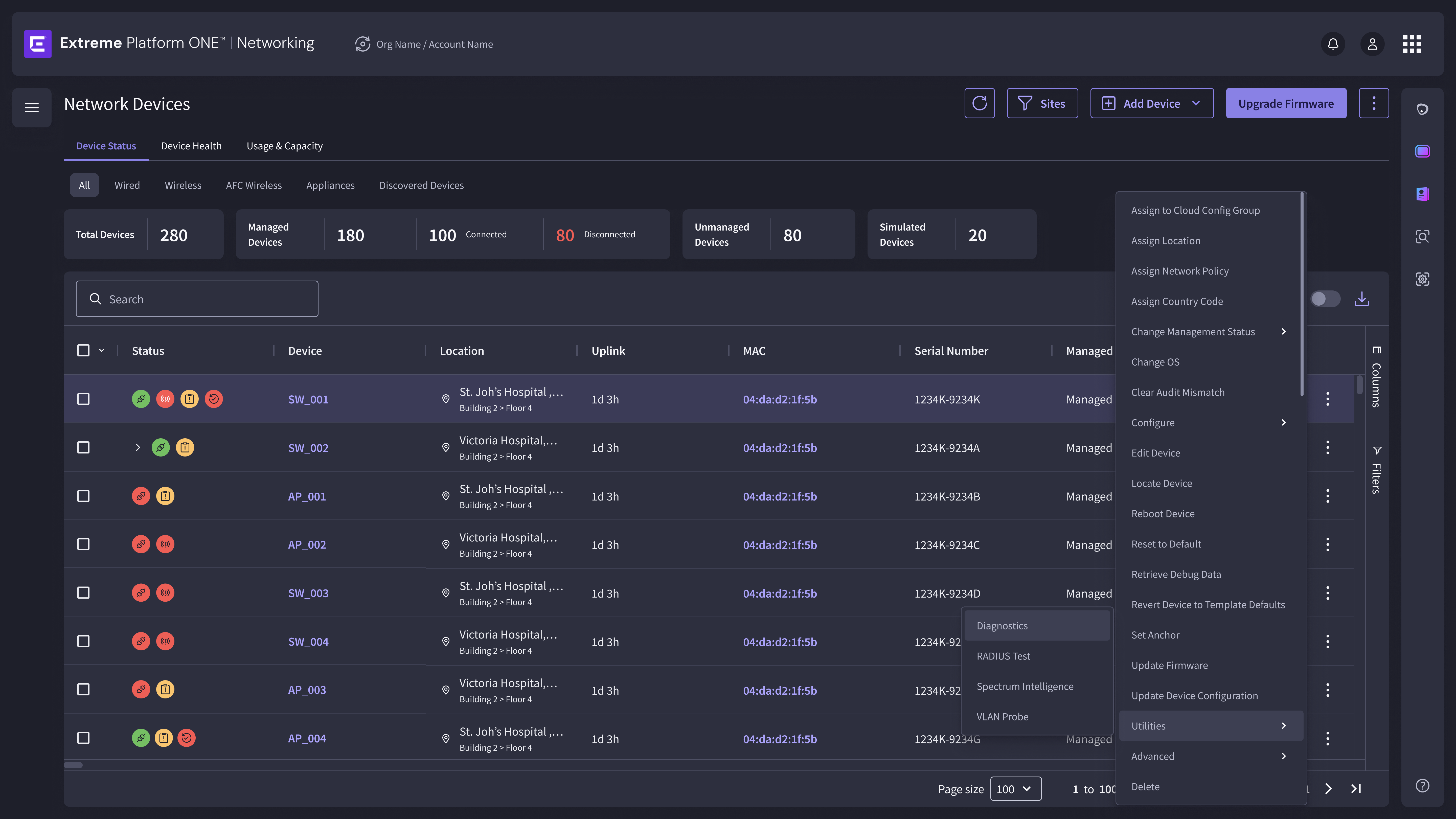 EP1 Network Devices — row action menu showing all available operations per device