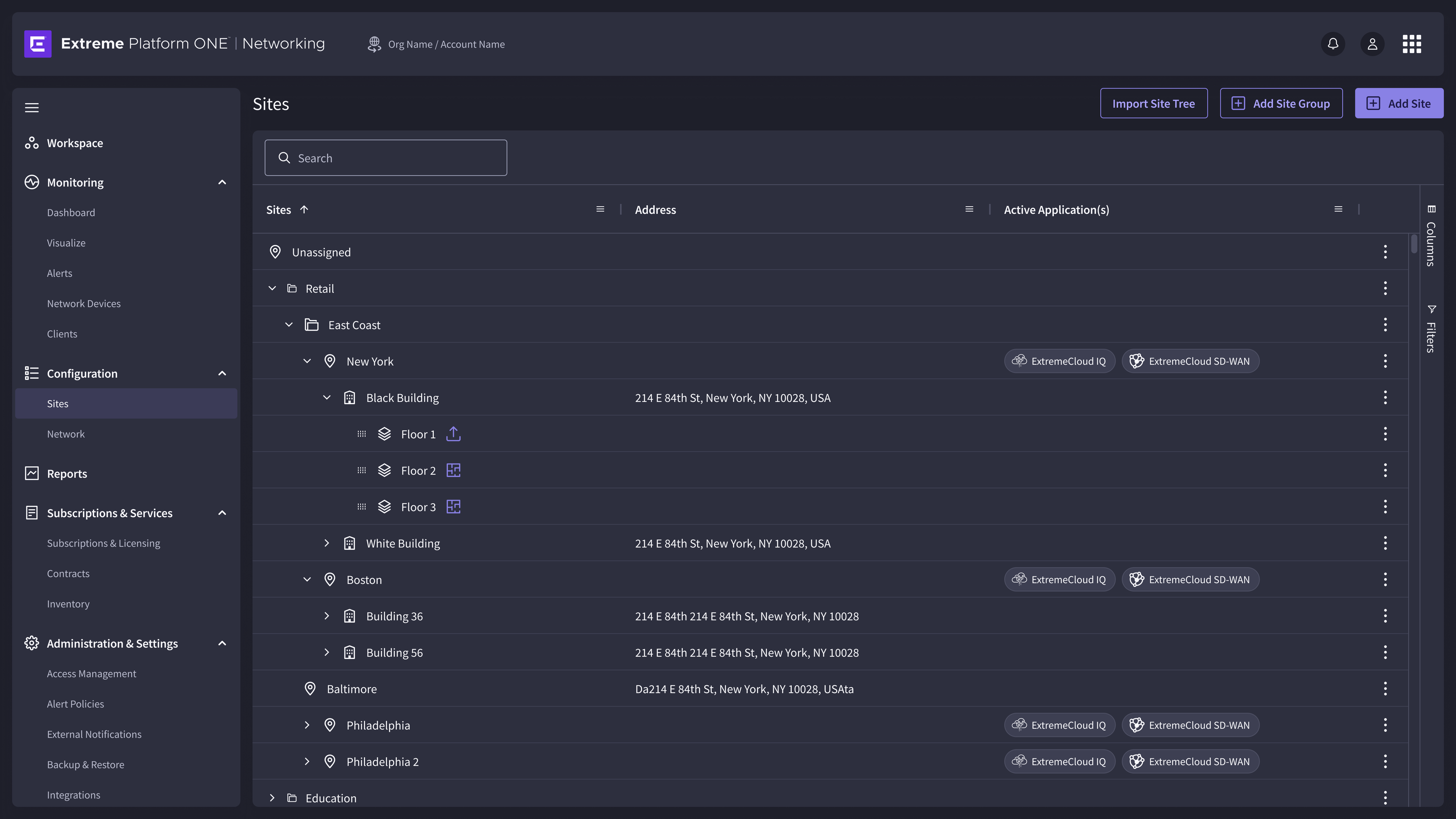 EP1 Sites — full site hierarchy showing organizations, regions, sites, and buildings